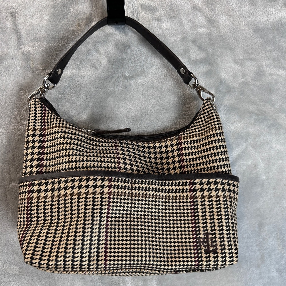 Lauren Ralph Lauren Y2K Houndstooth Hobo Shoulder Bag Tan Black Burgundy - Picture 2 of 10